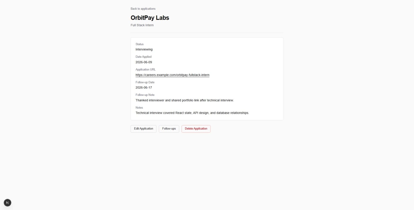 Job Tracker application detail page showing notes and follow-up information