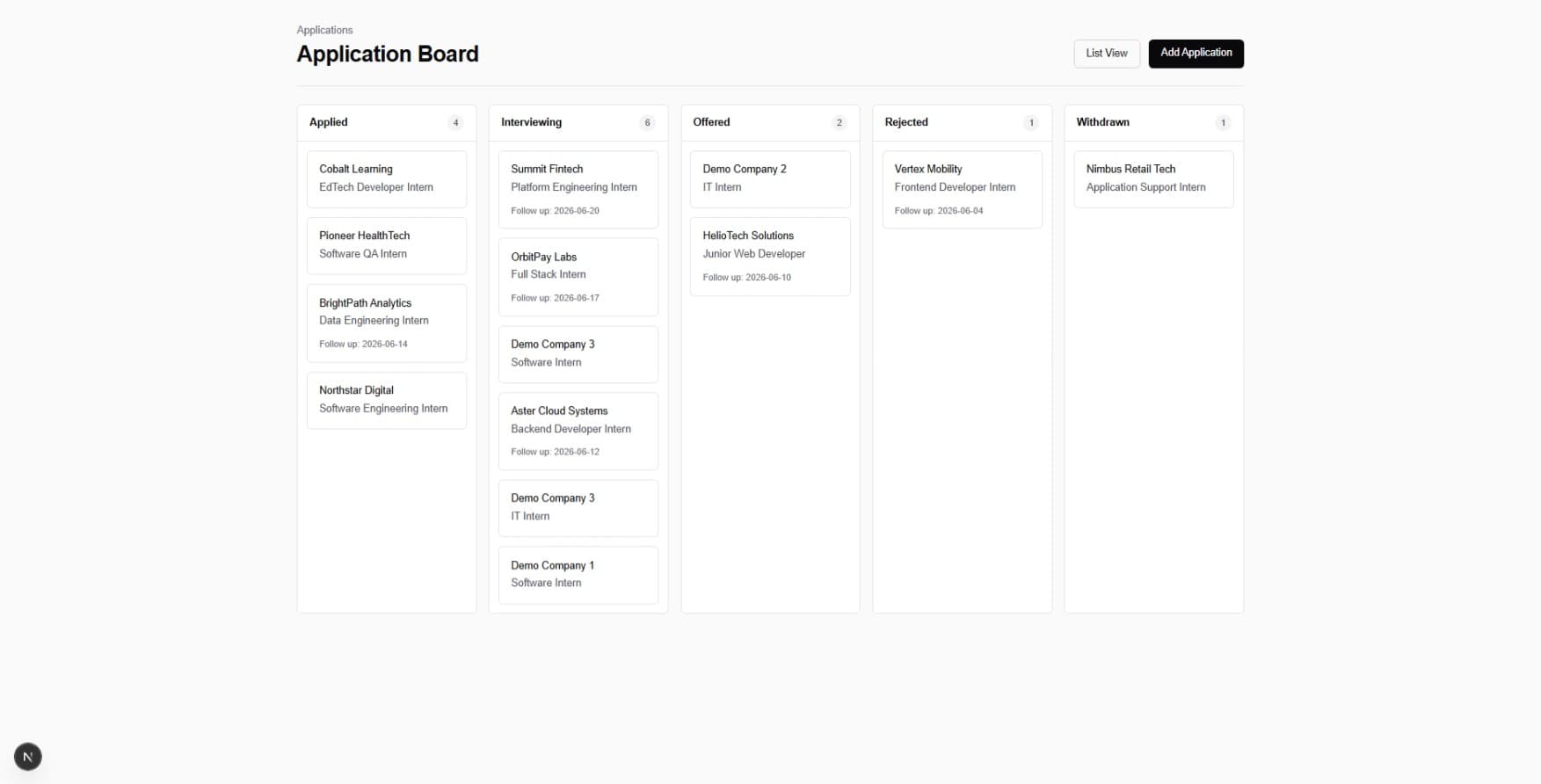 Job Tracker board view grouping applications by status