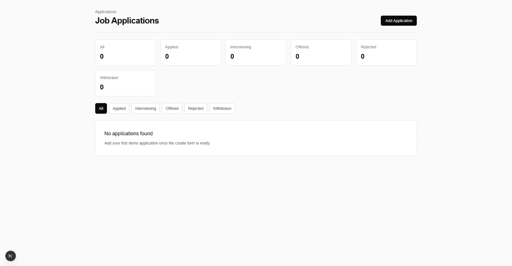 Job Tracker dashboard showing application statuses and summary counts
