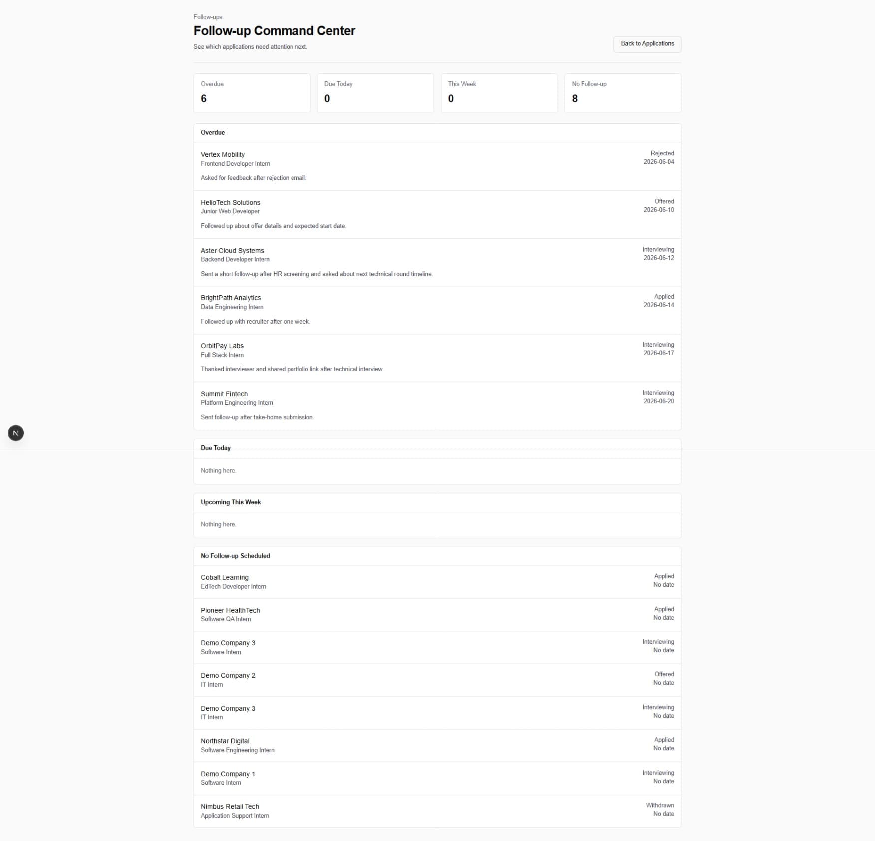 Job Tracker follow-up command center showing overdue and upcoming follow-ups