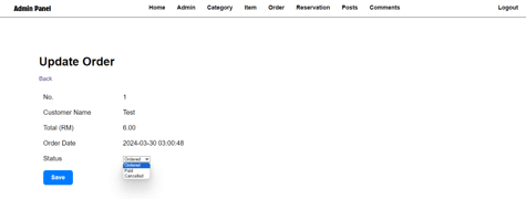 WEii Cafe admin form for updating an order status